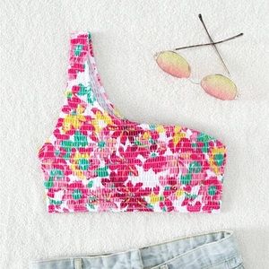 Floral print smocked one shoulder bikini top!